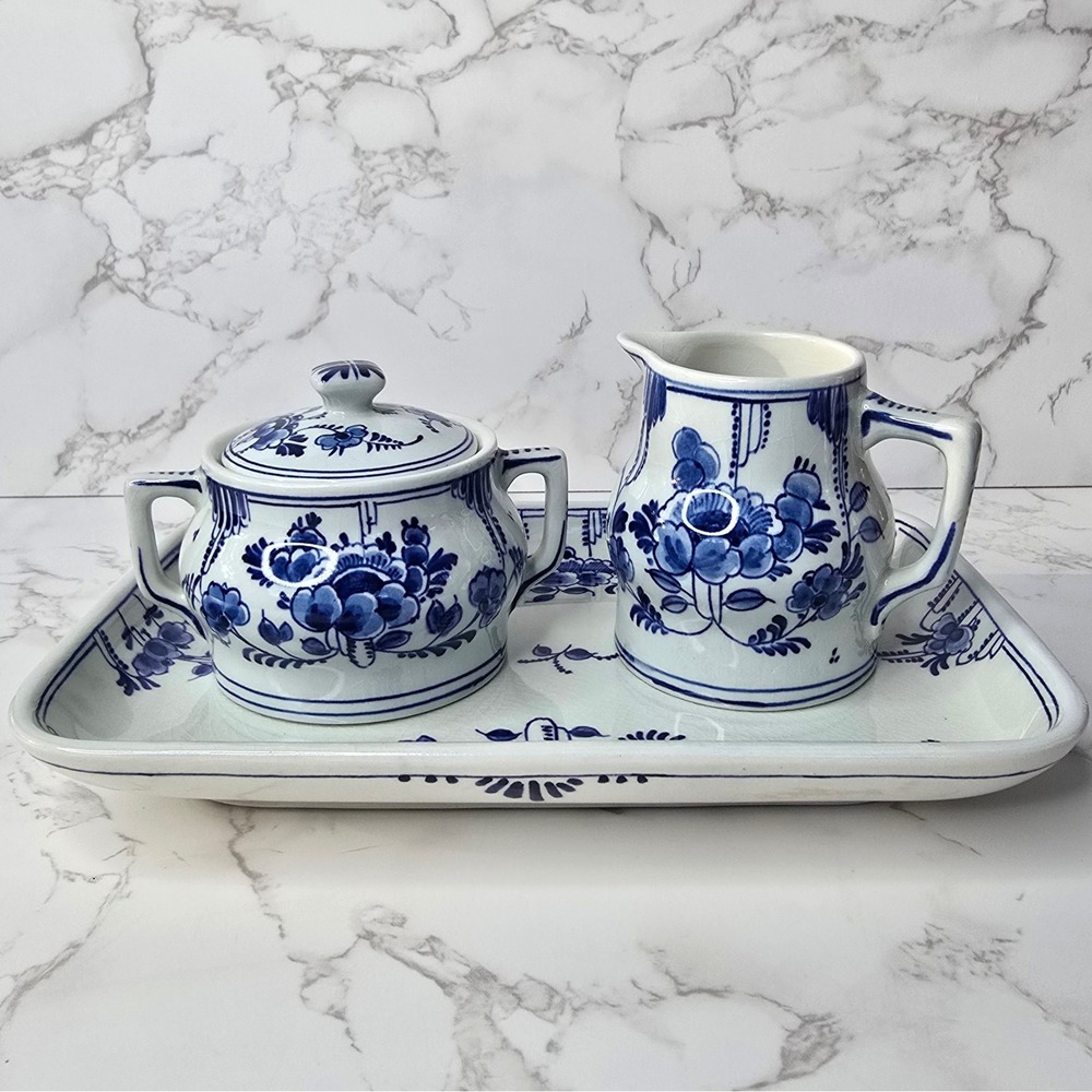 Vintage 1961 Royal Delft Porceleyne Fles Hand Painted Creamer Sugar Tray Set